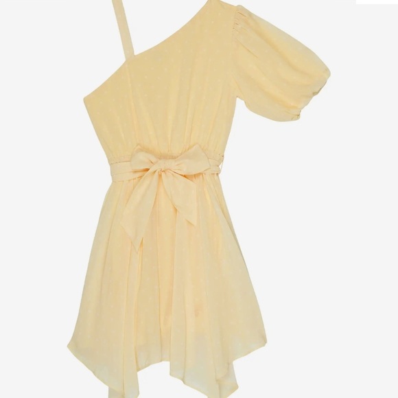 HABITUAL Yellow Polka Dot Puff Sleeve Tie Waist One Shoulder Dress Girls Size 16 - Picture 1 of 10